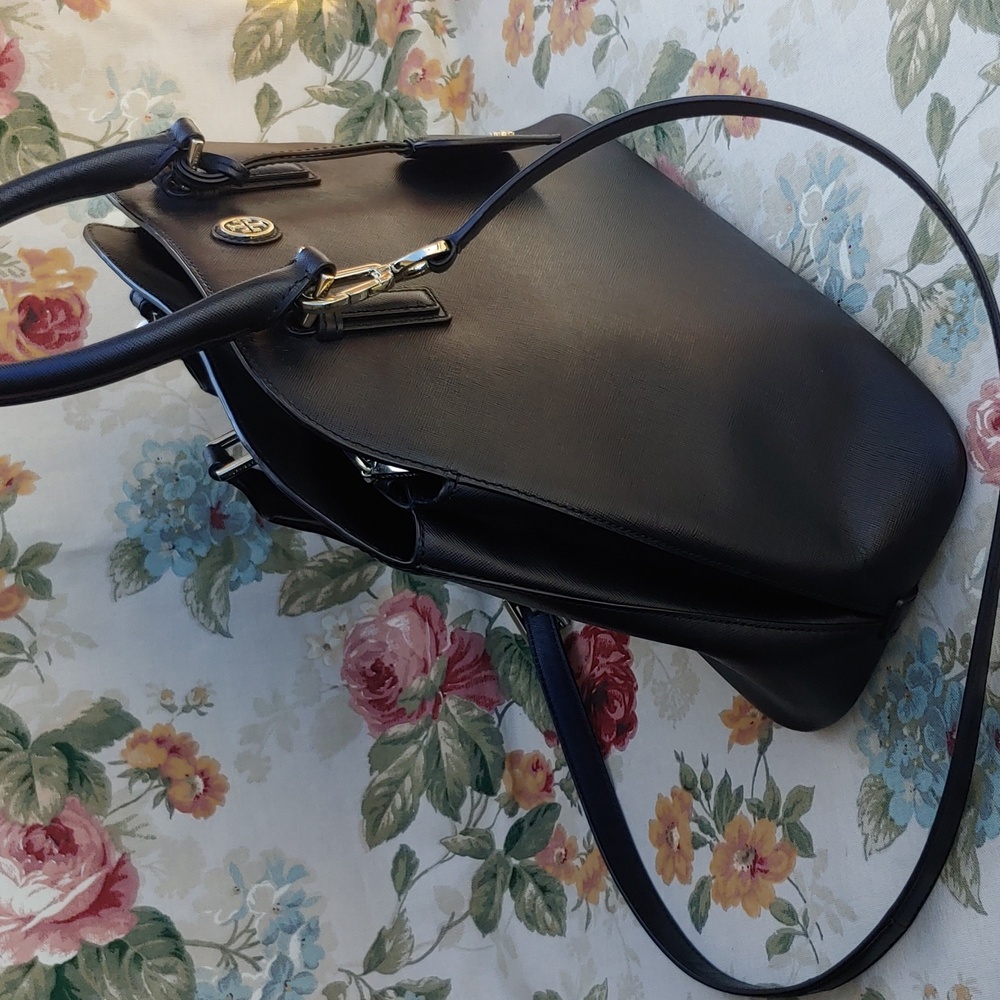 Tory Burch Saffiano Black Leather Dome Satchel Bag with Shoulder Strap - Picture 6 of 17